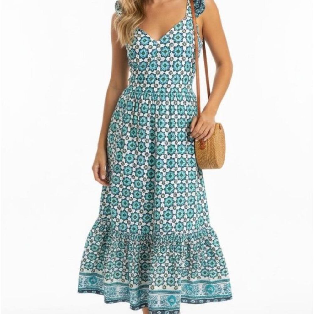 Lucky Brand Blue White Boho Floral Maxi Ruffle Smocked Tire Sz XS NWOT/0314